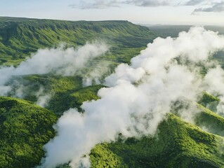 Fototapeta premium Geothermal energy plant amidst lush green mountains, steam rising from vents creating an ethereal effect. Innovative energy solutions in natural settings.