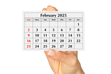 Page of the annual monthly calendar february 2025 in hand. Isolated on transparent png