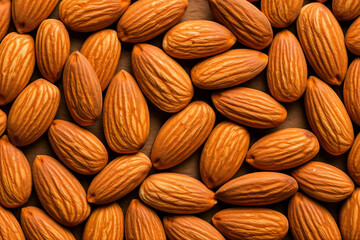 Fototapeta premium A close-up of a pile of almonds on a wooden surface