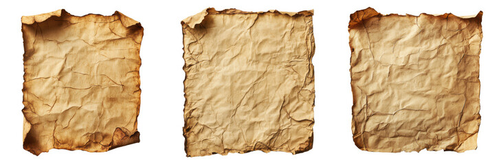 Fototapeta premium Three Aged Crumpled Burnt Edge Paper Textures Vintage Grunge Backgrounds on transparent background