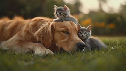 Naklejka premium Golden Retriever Dog Cuddling with Playful Kittens in a Sunny Garden Setting, Creating a Heartwarming Scene of Friendship and Comfort in Nature