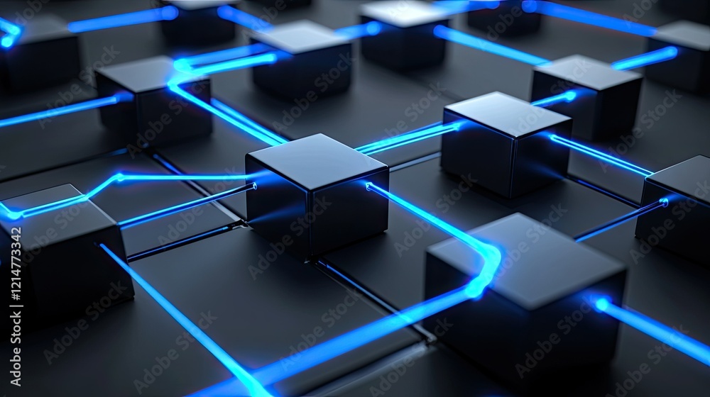 Wall mural an abstract d illustration of a blockchain network with cubes interconnected by glowing blue paths