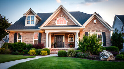 Luxury Brick House Exterior with Landscaping and Garden. Modern Home Design, Real Estate Property