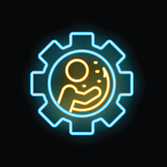 Neon glowing icon of a person working and managing time inside a gear, representing productivity and efficiency