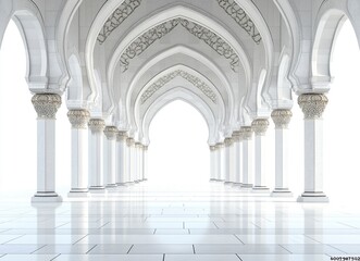 Obraz premium 3D rendering of Islamic arches and decorative patterns on a white background. A banner with a copy space area, a mosque corridor, and an empty interior design concept for Muslim architecture. 