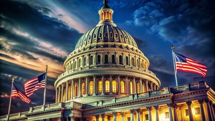 Fototapeta premium Vintage Night View of US Capitol Dome & Waving Flags, Washington DC
