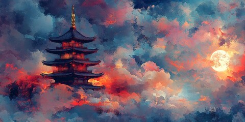 Pagoda Under a Full Moon with Vibrant Colors