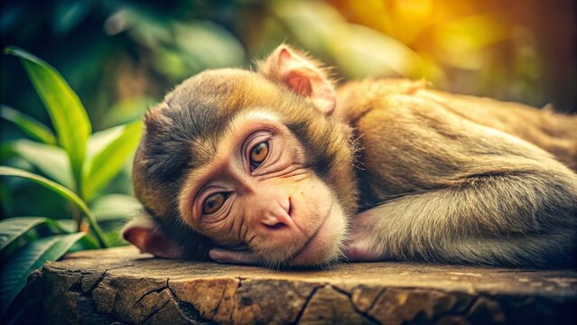 Vintage Photo: Adorable Sleeping Monkey Close-Up, Nature Background
