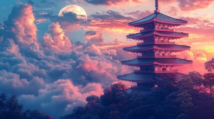 Pagoda Under a Full Moon with Vibrant Colors