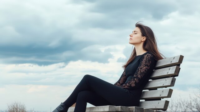 A widow woman in black mourning costume, sitting alone, reflection somber and sorrowful emotional.