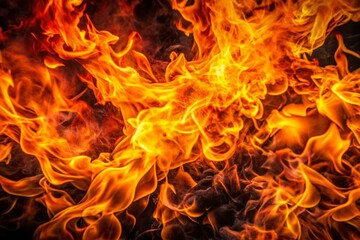 Fototapeta premium Blazing Inferno: Close-Up Panorama of Glowing Fire Flames on Black Background - Stunning Abstract Fire Wallpaper