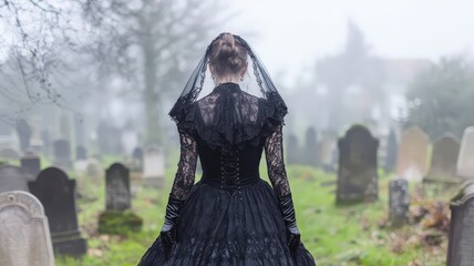 Naklejka premium A gothic depiction of a widow dressed in an ornate black gown with delicate lace gloves, walking through a misty cemetery lined with aged headstones.