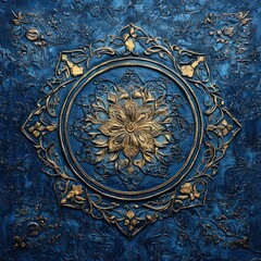 Intricate Gold and Blue Mandala Design on Textured Background
