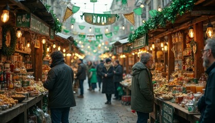 Obraz premium Crowded Christmas market with festive decorations. Concept of holiday shopping and celebration.