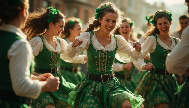 Traditional Irish dancers in green dresses. Concept of Irish culture, celebration, and joy.
