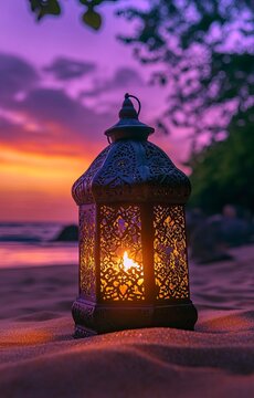 A beautiful Ramadan lantern stands on the sand of an exotic beach at sunset, with space for text "Souchi 2024". The sky is painted in hues of purple and orange, reflecting Ramadan colors. In the backg