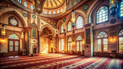 Obraz premium Vintage Photo: Ornate Interior of a Bosnian Mosque, Architectural Details, Islamic Art, Spiritual Space, Prayer Hall