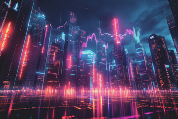 Fototapeta premium A futuristic city with robots stock market charts, and an AI-driven financial industry.