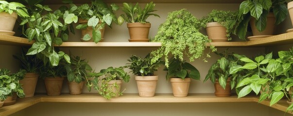 Lush home office corner filled with various plants cascading from shelves, creating a refreshing atmosphere and promoting well-being and focus.
