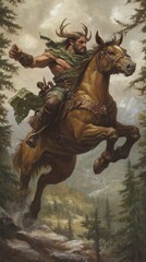Muscular man with antlers riding a leaping horse in a mountain forest.
