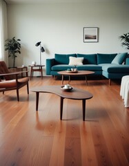 Mid-Century Modern Living Room:  A beautifully styled mid-century modern living room features a teal velvet sofa, a comfortable armchair, and unique.