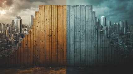 Divided city, contrasting cityscape split by a wall.