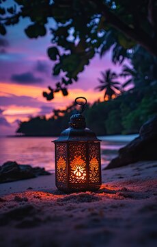 A beautiful Ramadan lantern stands on the sand of an exotic beach at sunset, with space for text "Souchi 2024". The sky is painted in hues of purple and orange, reflecting Ramadan colors. In the backg