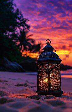 A beautiful Ramadan lantern stands on the sand of an exotic beach at sunset, with space for text "Souchi 2024". The sky is painted in hues of purple and orange, reflecting Ramadan colors. In the backg