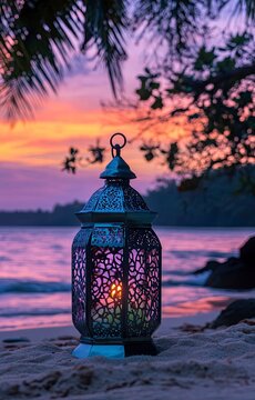 A beautiful Ramadan lantern stands on the sand of an exotic beach at sunset, with space for text "Souchi 2024". The sky is painted in hues of purple and orange, reflecting Ramadan colors. In the backg