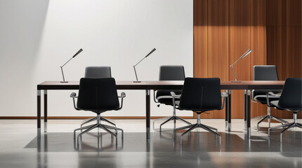 Empty white wall mockup in modern office space with minimalist design and wood accents, featuring desks and chairs in the background. 3D Rendering.