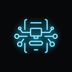 Bright glowing blue neon icon of a computer being hacked on a black background