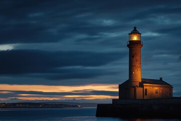 Obraz premium Lighthouse shines brightly over calm waters during twilight hour