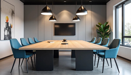 Empty white wall mockup in modern office space with minimalist design and wood accents, featuring desks and chairs in the background. 3D Rendering.