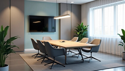 Empty white wall mockup in modern office space with minimalist design and wood accents, featuring desks and chairs in the background. 3D Rendering.