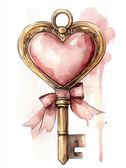 Heart-shaped key illustration with ribbon in soft colors