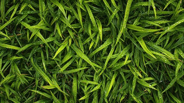 A close-up of a dewy grass carpet with morning sunlight glistening on the blades