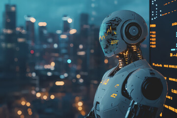 Fototapeta premium A futuristic city with robots stock market charts, and an AI-driven financial industry.