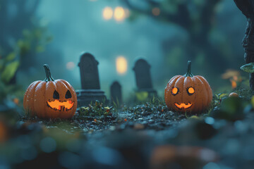 Naklejka premium Halloween pumpkins in a spooky forest with tombstones at night create a defocused background.