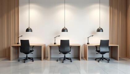 Empty white wall mockup in modern office space with minimalist design and wood accents, featuring desks and chairs in the background. 3D Rendering.