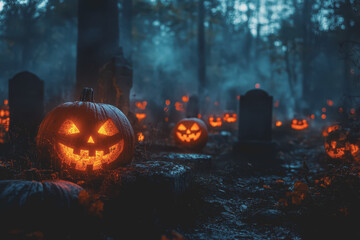 Halloween pumpkins in a spooky forest with tombstones at night create a defocused background.