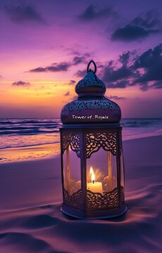 A beautiful Ramadan lantern stands on the sand of an exotic beach at sunset, with space for text "Souchi 2024". The sky is painted in hues of purple and orange, reflecting Ramadan colors. In the backg