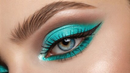 Obraz premium A dazzling portrait of an eye highlighted with luminous neon teal eyeshadow. The inner corner shines with a soft glow emphasizing the eyeliner and the eyes intriguing shape
