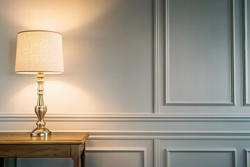 stylish lamp on wooden table illuminates muted gray wall with elegant paneling, creating warm and inviting atmosphere