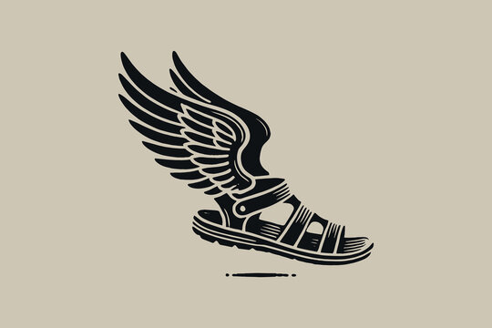 Winged sandal vector illustration in engraving style
