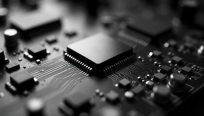 Intricate Microchip Circuitry: A Detailed Monochromatic Close-Up