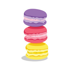 Pink, yellow and purple macarons French pastry dessert isolated on white background. Lemon, strawberry and blueberry macaron cakes. Vector illustration
