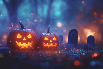 Halloween pumpkins in a spooky forest with tombstones at night create a defocused background.