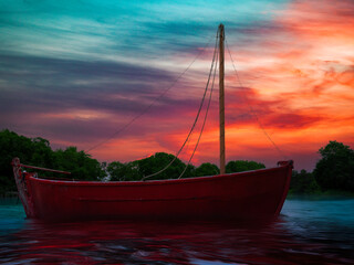 Red Boat in Sunset on Cape Cod in Massachusetts