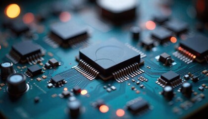 Intricate Teal Circuit Board with Integrated Microchips and Electronic Components