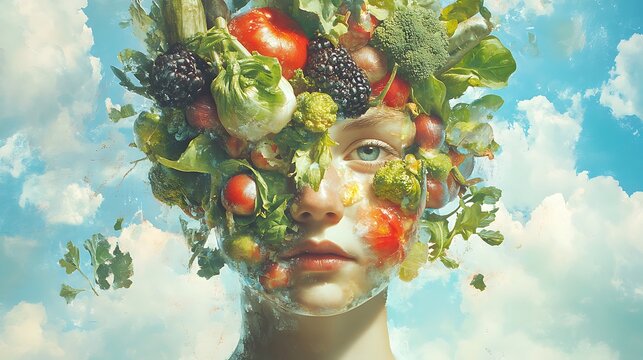 A Woman's Face Covered in Fresh Produce Against a Cloudy Sky - Powered by Adobe